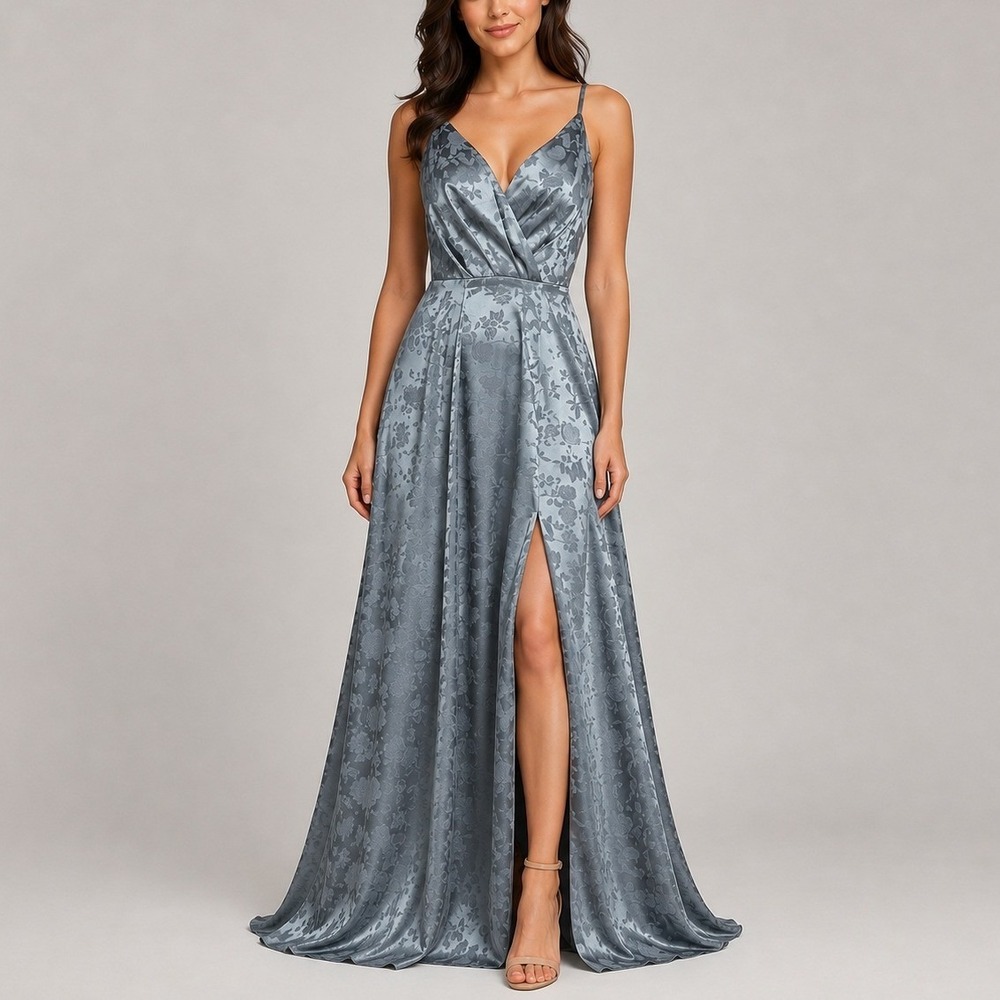 Lulus Slate Blue Satin Jacquard Maxi Dress M Slit Formal
